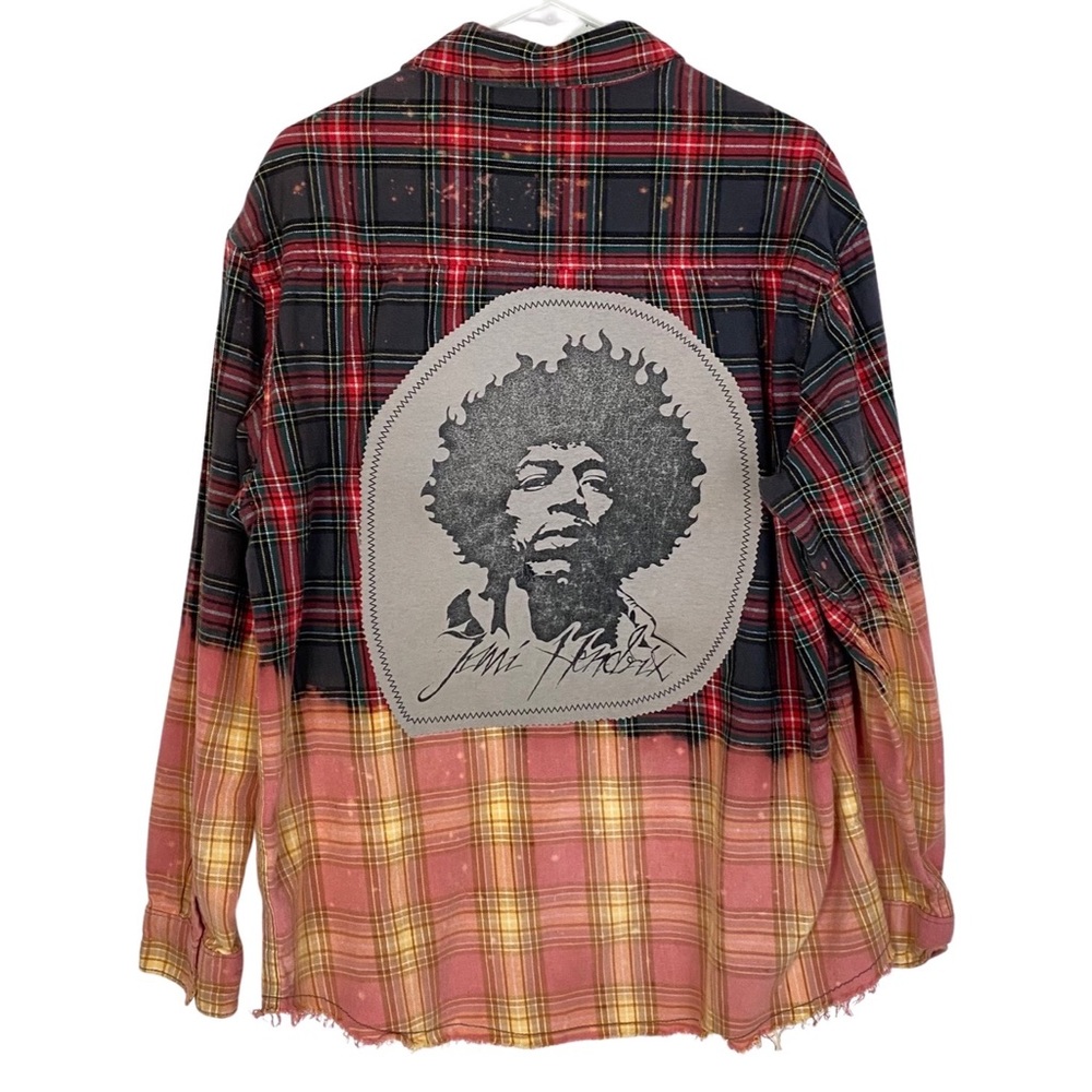 Jimi Hendrix Upcycled Bleached Plaid Flannel Shirt Mens L Unisex